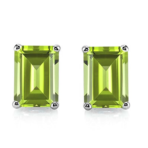 5x7 Emerald Cut Peridot Earrings in Sterling Silver: In platinum over .925 sterling silver basket mountings with friction backs included. Contains 2 emerald cut Peridot gemstones with excellent color and clarity, approx. 2.0CTW, 5x7mm each. 1.5g