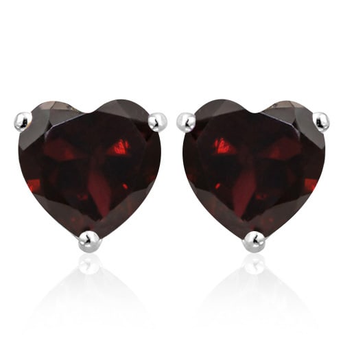 5MM Heart Garnet Earrings in Sterling Silver: In platinum over .925 sterling silver basket mountings with friction backs included. Contains 2 heart cut Garnet gemstones with excellent color and clarity, approx. 1.25CTW, 5mm each. 1.0g