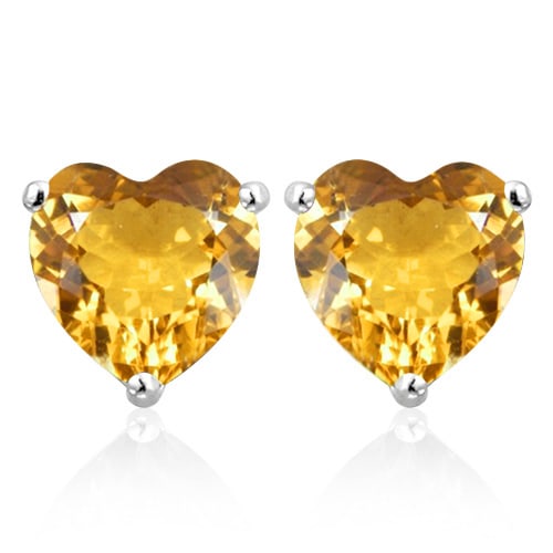 5MM Heart Citrine Earrings in Sterling Silver: In platinum over .925 sterling silver basket mountings with friction backs included. Contains 2 heart cut Citrine gemstones with excellent color and clarity, approx. 0.8CTW, 5mm each. 1.0g