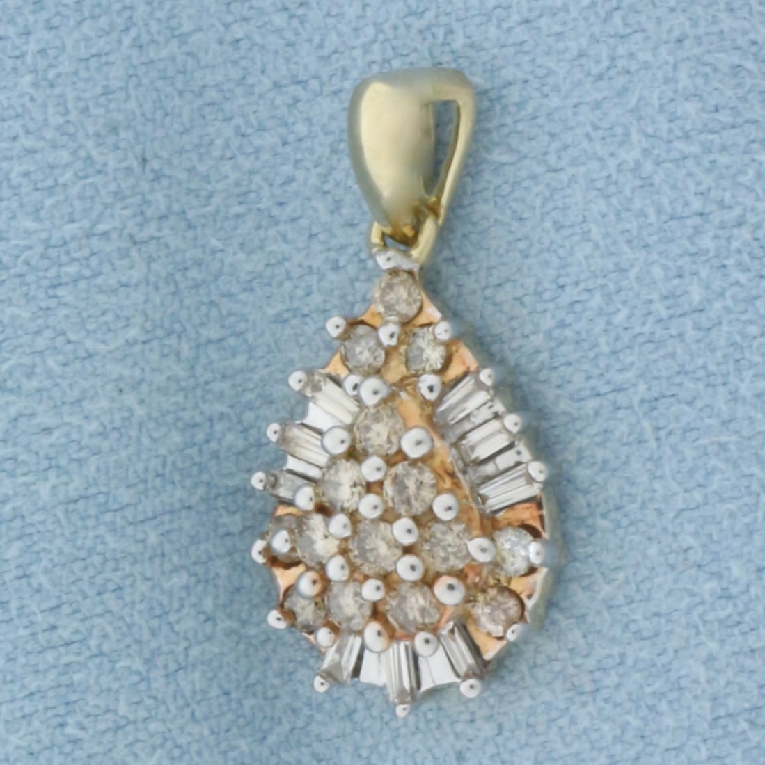 Diamond Cluster Teardrop Dangle Pendant in 10k Yellow Gold: In 10k Yellow Gold. Contains fifteen round and nine high quality baguette high quality diamonds, 1/2ct TW. 3/4 inch long (including bale). 3/8 inch wide. 1.9g.