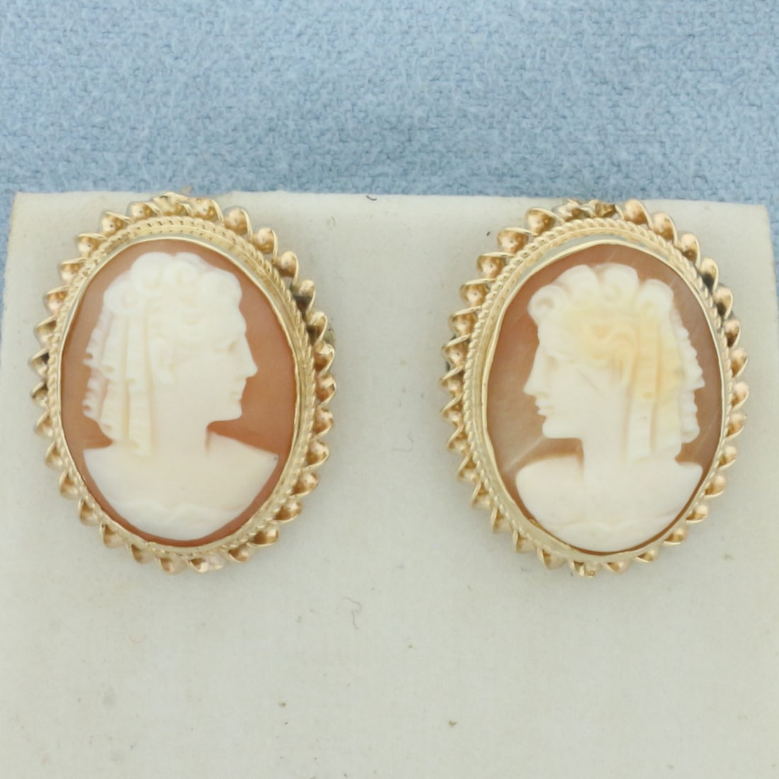 Vintage Shell Cameo Earrings in 14k Yellow Gold: In 14k Yellow Gold. Contains two 16.5mm high quality carved shell cameos. 3/4 inch long. 5/8 inch wide. Push backs. 6.6g.