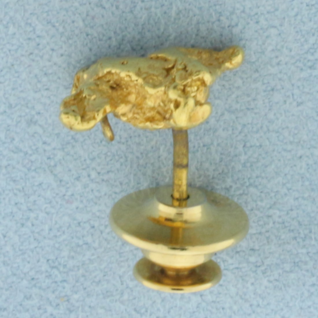 Gold Nugget Tie Tack or Pin: Nugget is 24k Yellow Gold, pin is gold plate. 1/2 inch long. 1/2 inch wide. 5.0g.