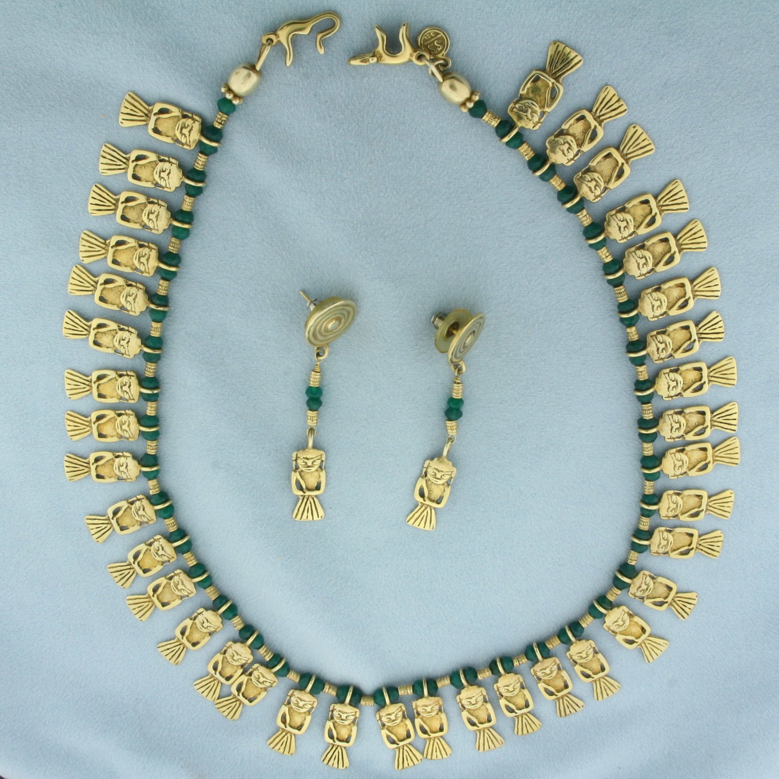 Stella Sarmiento Women Tribute Necklace and Earring Set in Gold Plated Sterling Silver: Handmade by designer Stella Sarmiento. Metal is 24K gold plating over sterling silver .925. Necklace is 17.375 inches long by 1 inch wide. Earrings are 2.375 inches long and 0.5 inches wide with push 