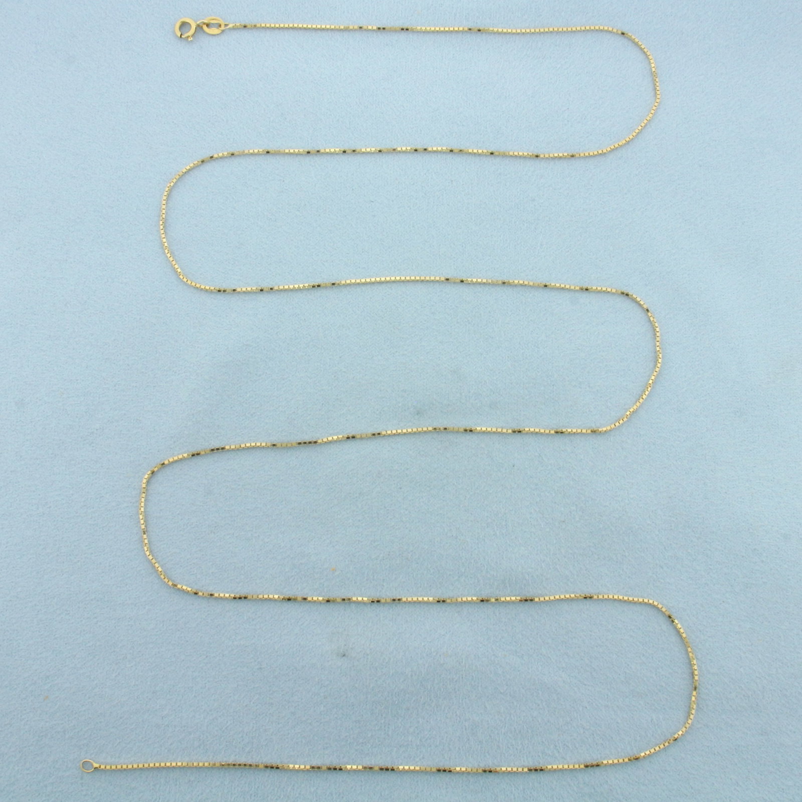 30 Inch Italian Box Link Chain Necklace in 14k Yellow Gold: In 14k Yellow Gold. 30 inches long. 1.1mm wide. Italian made. Spring clasp. 4.3g.