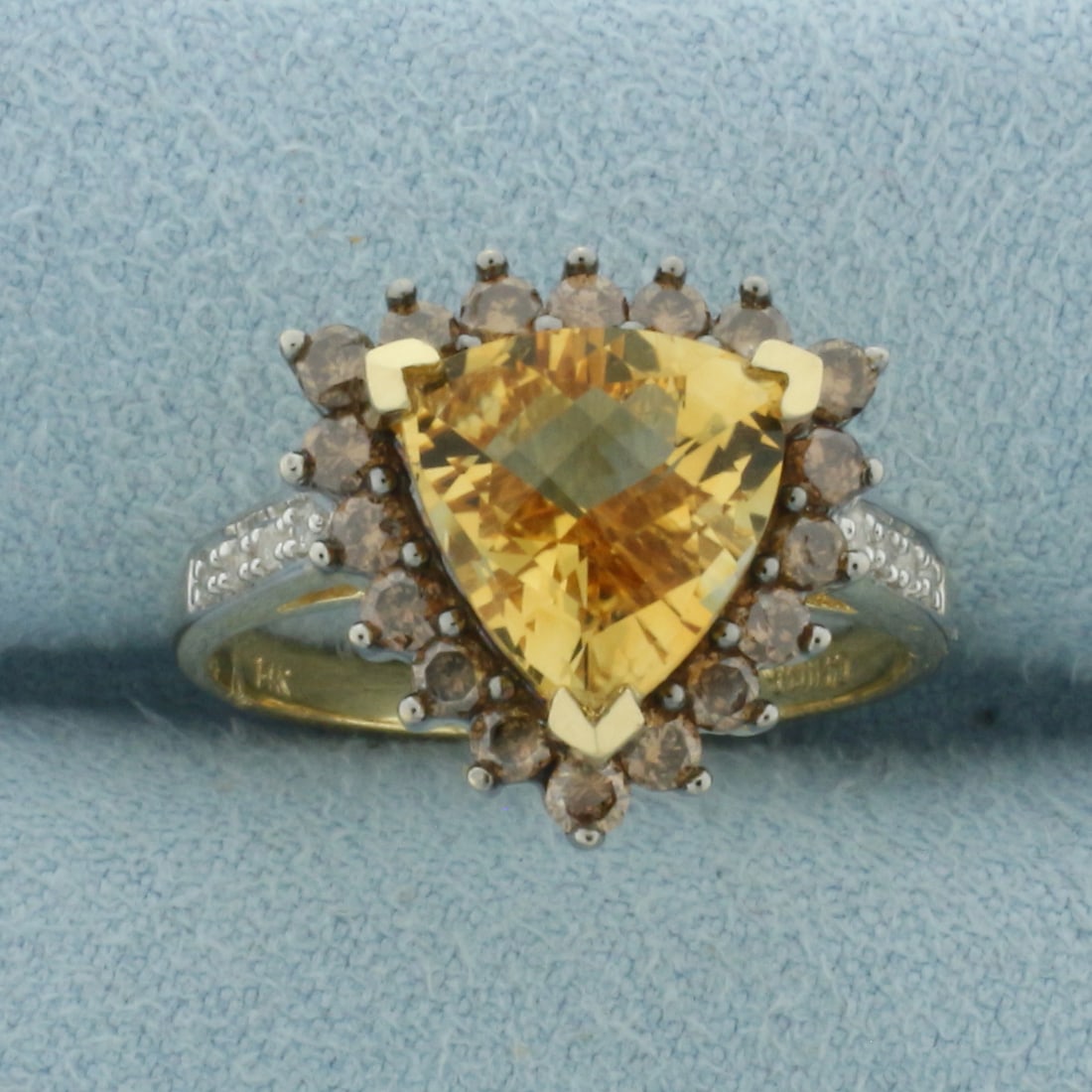 Checkerboard Citrine, Cognac Diamond, and White Diamond Ring in 14k Yellow Gold: In 14k Yellow Gold. Contains one 10mm high quality checkerboard trillion cut natural Citrine gemstone with vibrant color and excellent clarity. Also contains eighteen 2mm high quality cognac diamonds 