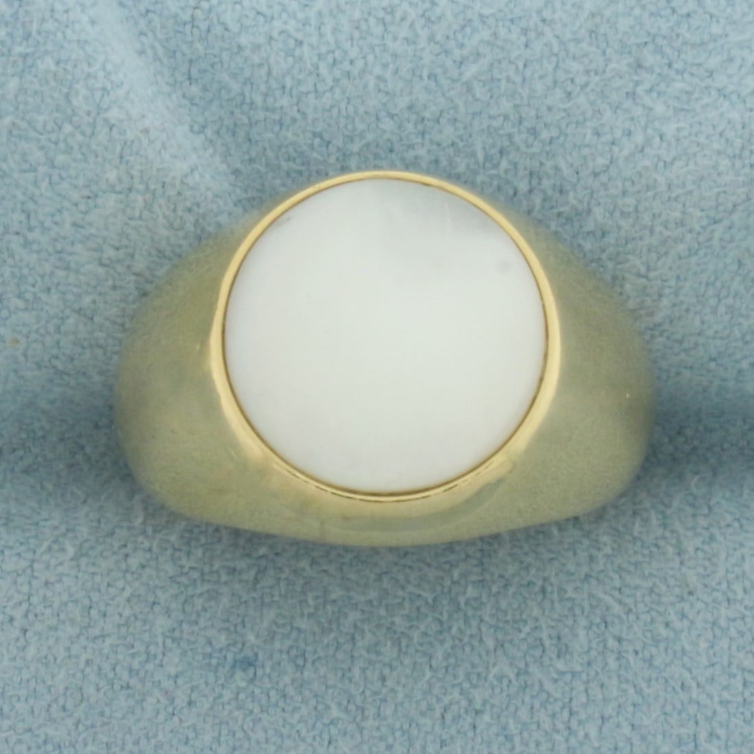 Designer Artlinea Italian Mother of Pearl Ring in 18k Yellow Gold: In 18k Yellow Gold. Contains one 12mm high quality mother of pearl gemstone. 14.5mm wide at top of ring. Designer description card included. Size 6.25. 5.4g.
