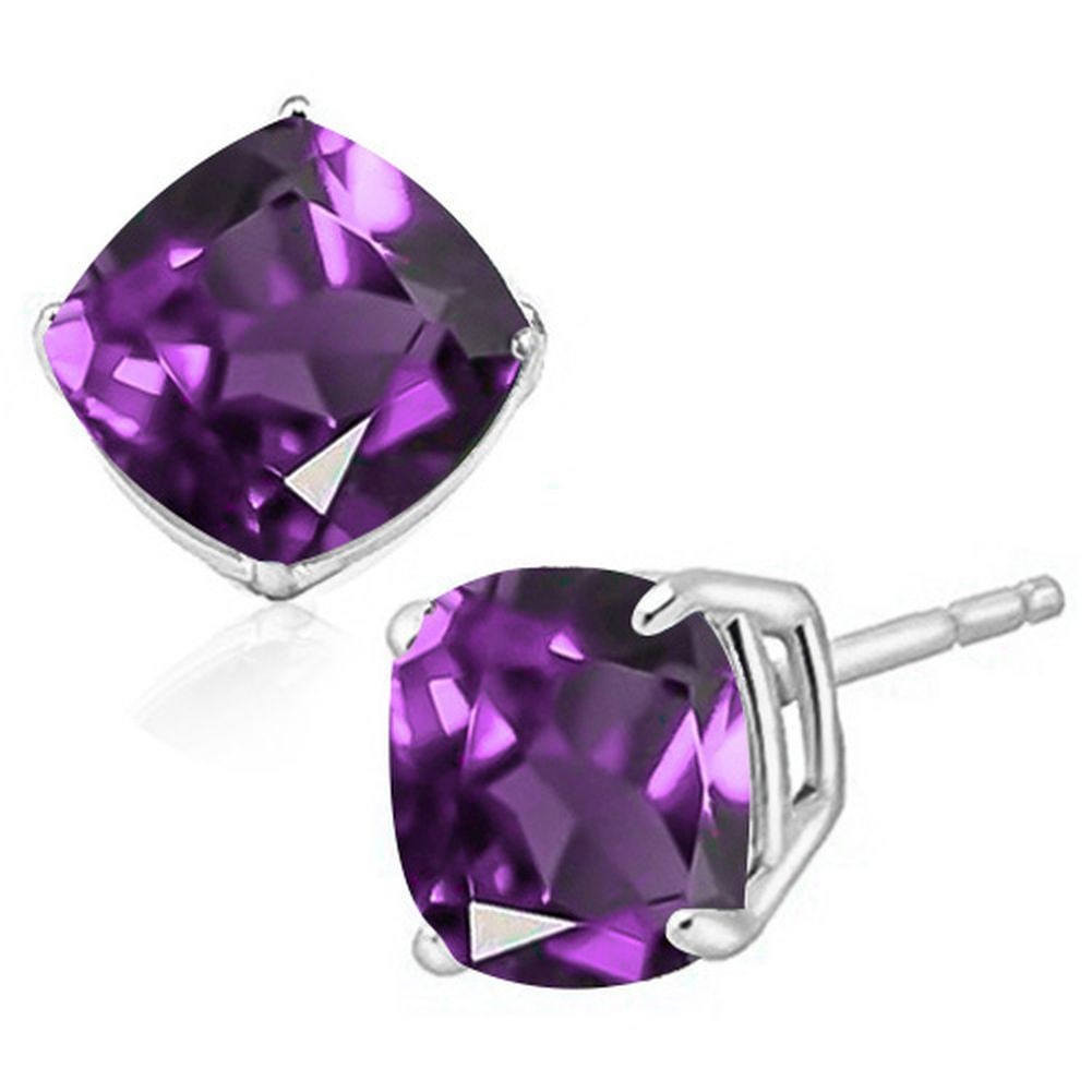 8MM Cushion Cut Amethyst 4CTW Stud Earrings in Sterling Silver: In platinum over .925 sterling silver basket mountings with friction backs included. Contains 2 cushion cut amethyst gemstones with excellent color and clarity,approx. 4CTW, 8mm each. 2.0g