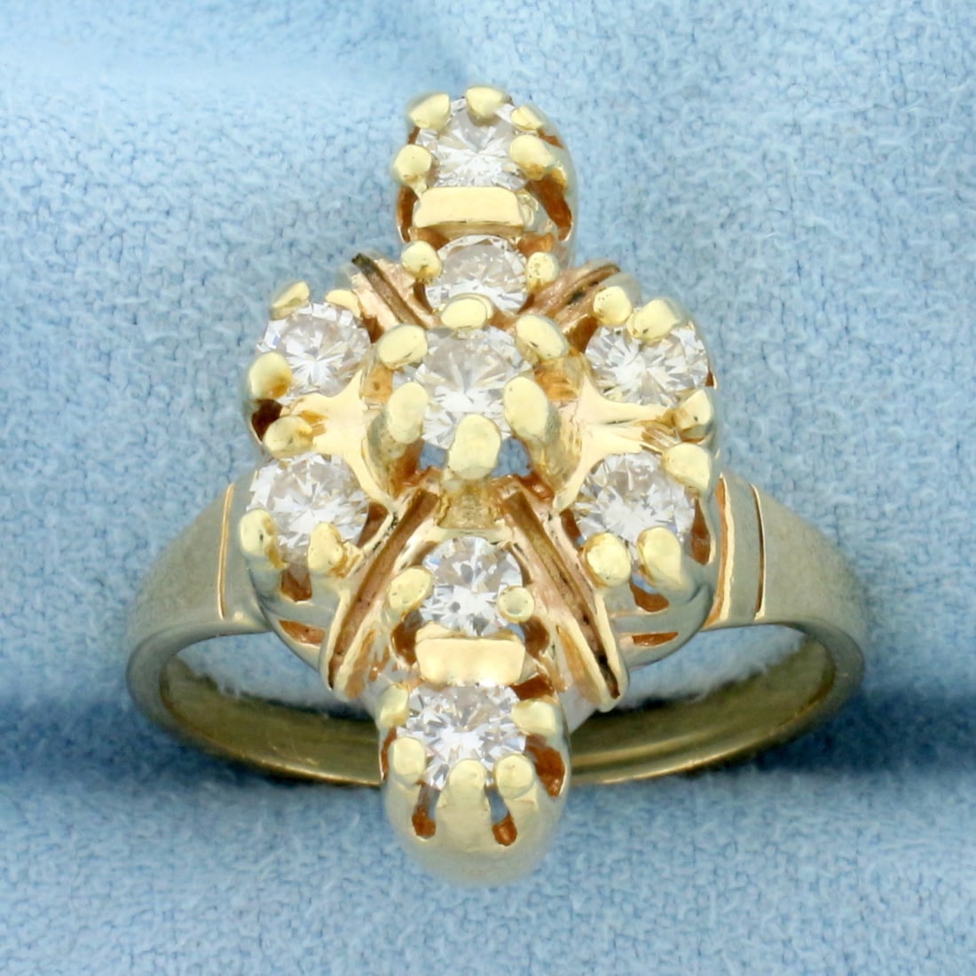 Vintage Diamond Cocktail Statement Ring in 14K Yellow Gold: In 14K Yellow Gold. Contains nine high quality natural diamonds, 1.5ct TW, SI clarity/I color. Size 9. 7.8g.