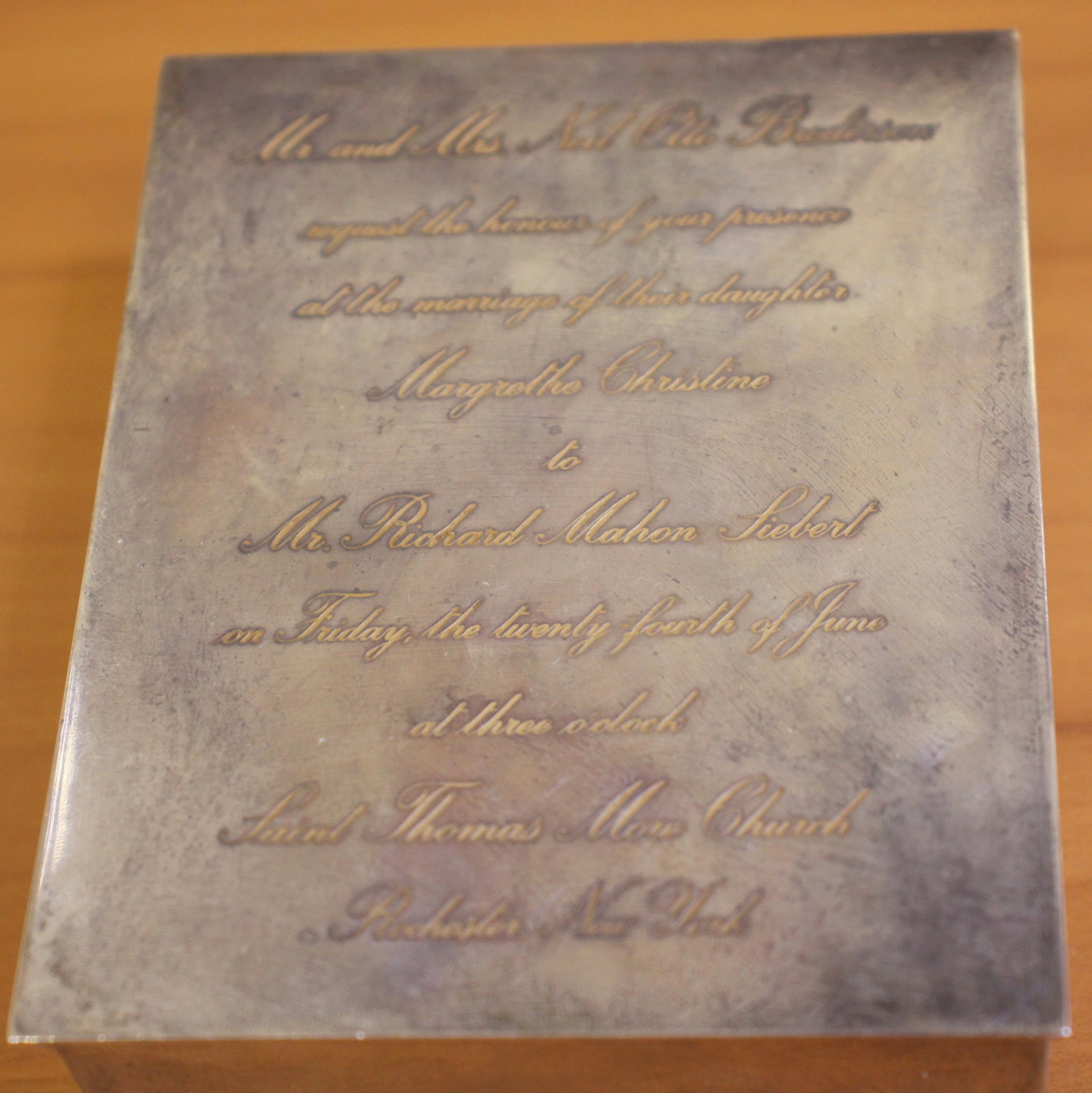 Tiffany and Co. Cedar Lined Keepsake Box in .925 Sterling Silver: In .925 Sterling Silver. Hinged design, mid century modern created under Tiffany President William Lusk. Engraved with wedding invitation. Measures 4 1/8 inches long by 3 1/2 inches wide. Model 23325L