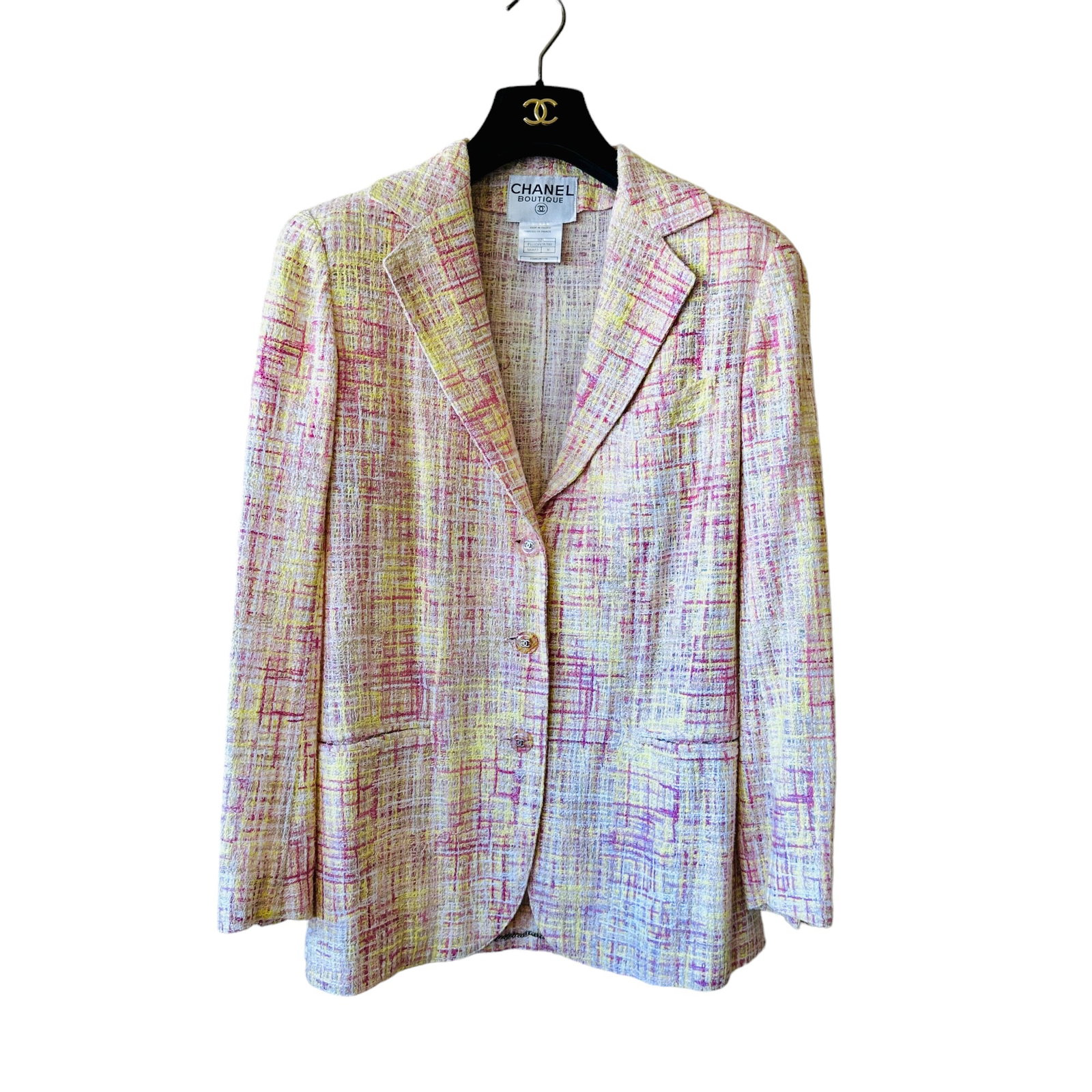 Chanel 98P Summer Fantasy Tweed Pink & Yellow Blazer Jacket 36: Single breasted 3-button blazer. 98P, P11028V06580, M0853, size 36. Summer weight blazer, 92% cotton, 8% nylon. Fabulous clear buttons with suspended fabric inside them to match blazer. Iconic CC logo