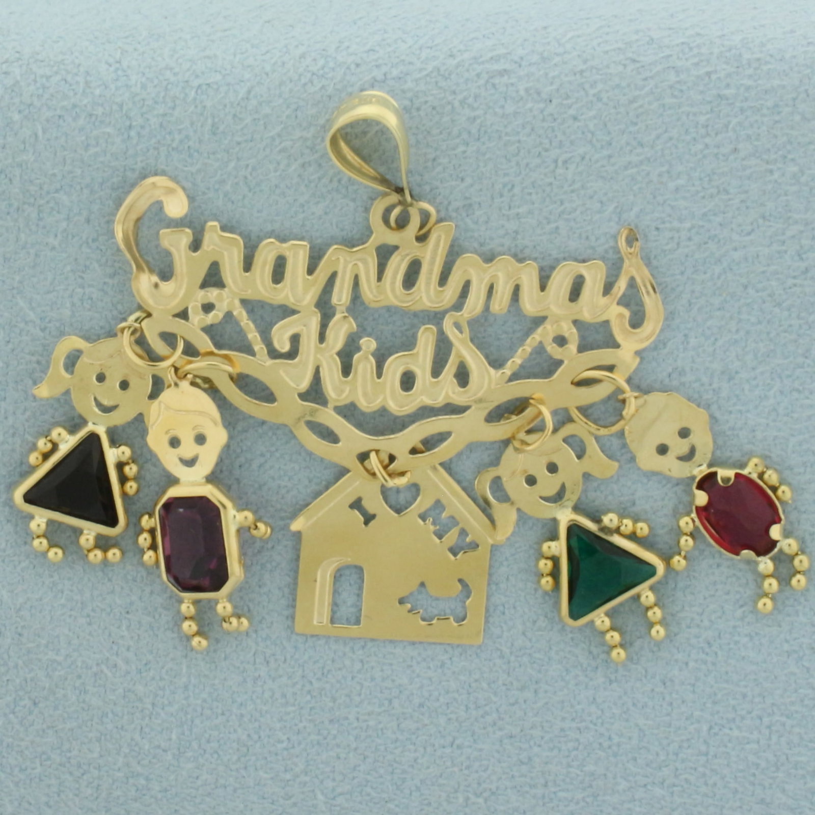 Grandma's Kids Pendant in 14k Yellow Gold: In 14k yellow gold. 1 3/4 inches long and wide. Contains high quality natural 6mm garnet, amethyst, lab emerald, and lab ruby gemstones. 3.2g.