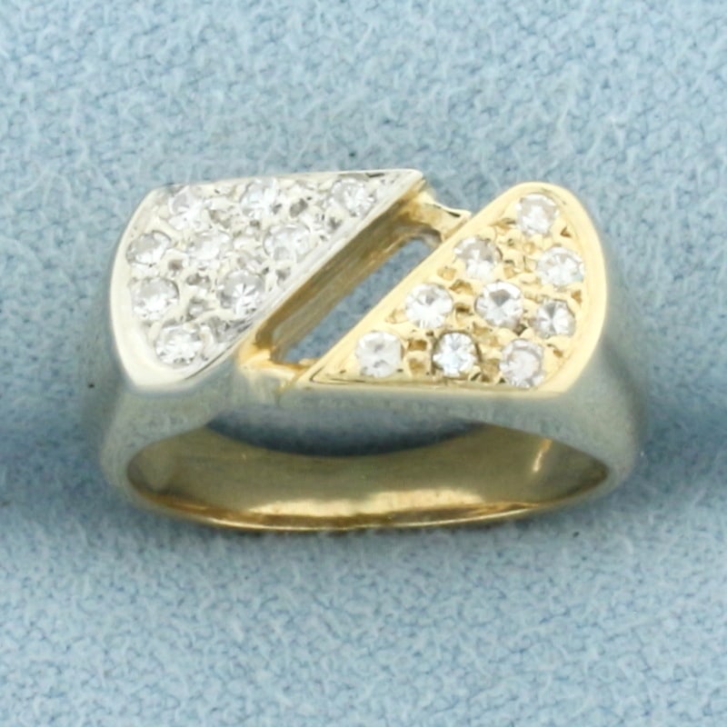 Two Tone Diamond Pave Pinky Ring in 14k Yellow and White Gold: In 14k yellow and white gold. 7mm wide at widest. Contains eighteen high quality .01ct diamonds, SI clarity/H color. Size 2.5. 3.5g.