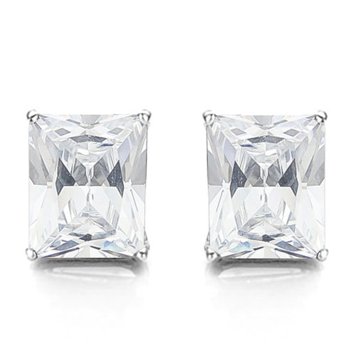 6x8 Emerald Cut White Topaz Earrings in Sterling Silver: In platinum over .925 sterling silver basket mountings with friction backs included. Contains 2 emerald cut White Topaz gemstones with excellent color and clarity, approx. 3.5CTW, 6x8mm each. 2.0g