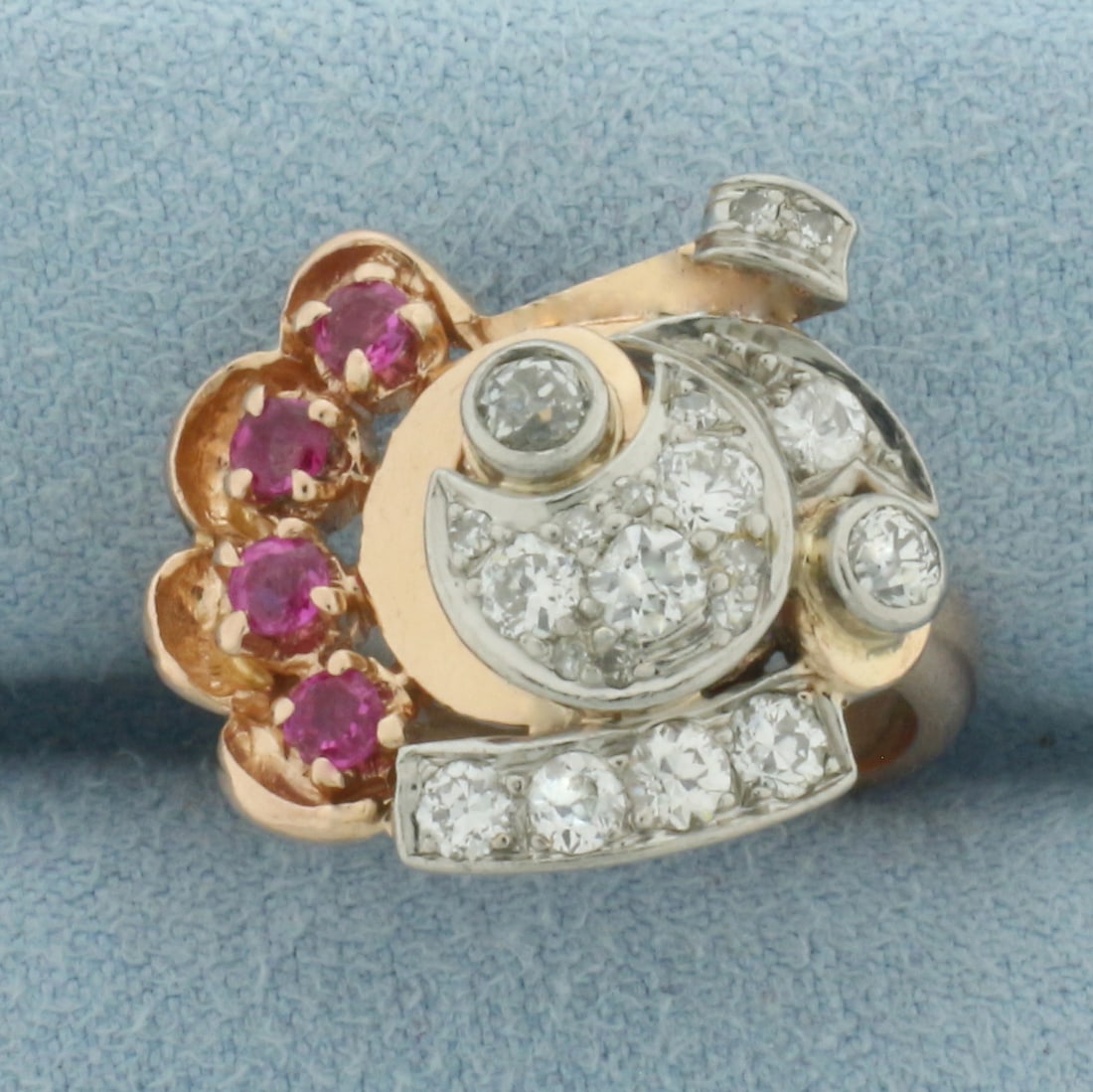 Antique Ruby and Old European Diamond Ring in 14k Rose Gold: In 14k Rose Gold. Contains twenty high quality Old European Cut diamonds ranging from .01 to .1 ct each, approximately 3/4ct TW, VS to SI clarity/G to H color. Also contains four 2.5mm high quality