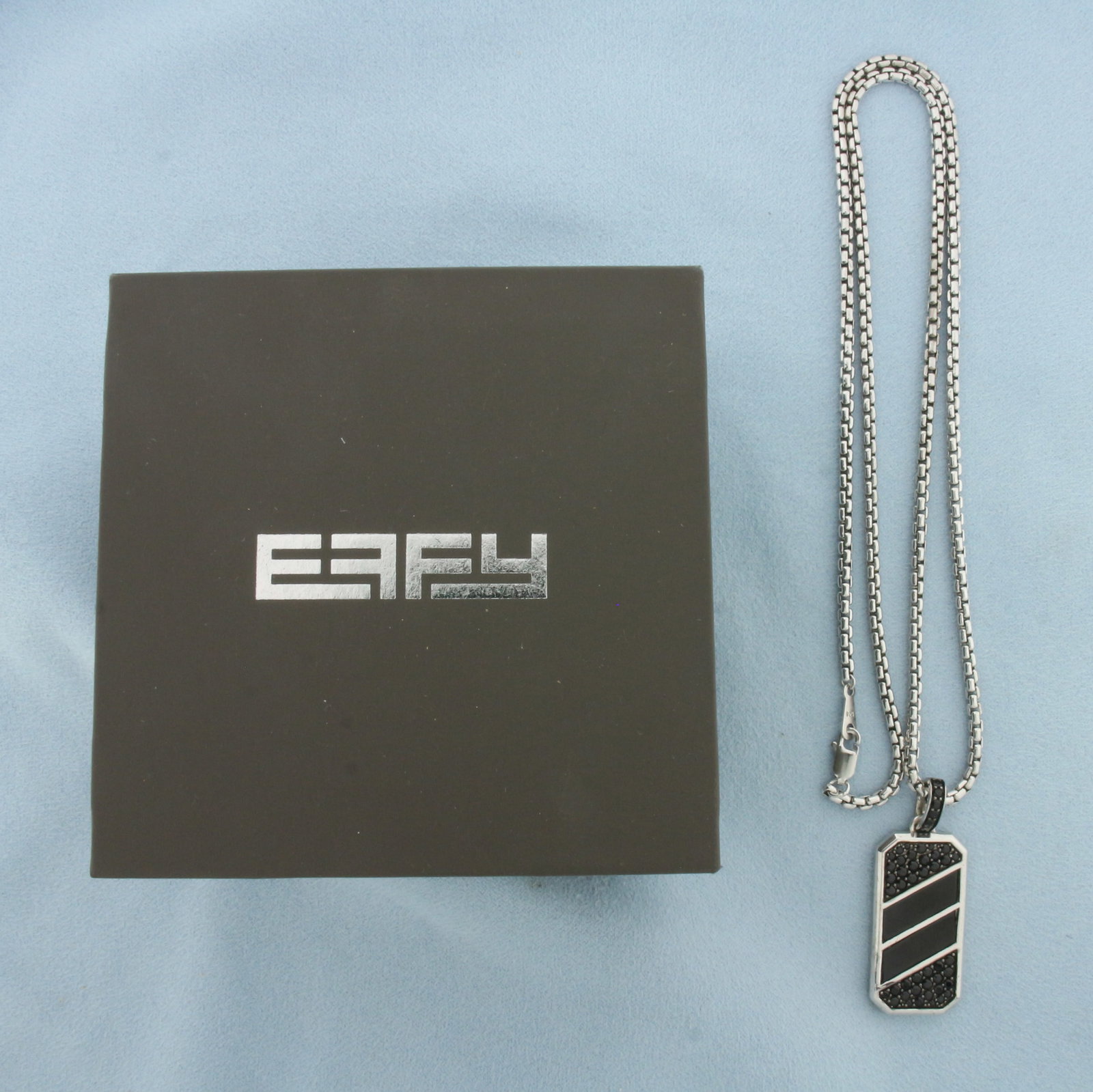 Effy Mens Black Spinel and Onyx Dog Tag Necklace in Sterling Silver: In .925 Sterling Silver. 1.75 inches long (including bale) by 5/8 inch wide pendant with high quality Black Spinel and Onyx gemstones. 22 inches long chain. 2.6mm wide. Lobster clasp. Original box inc