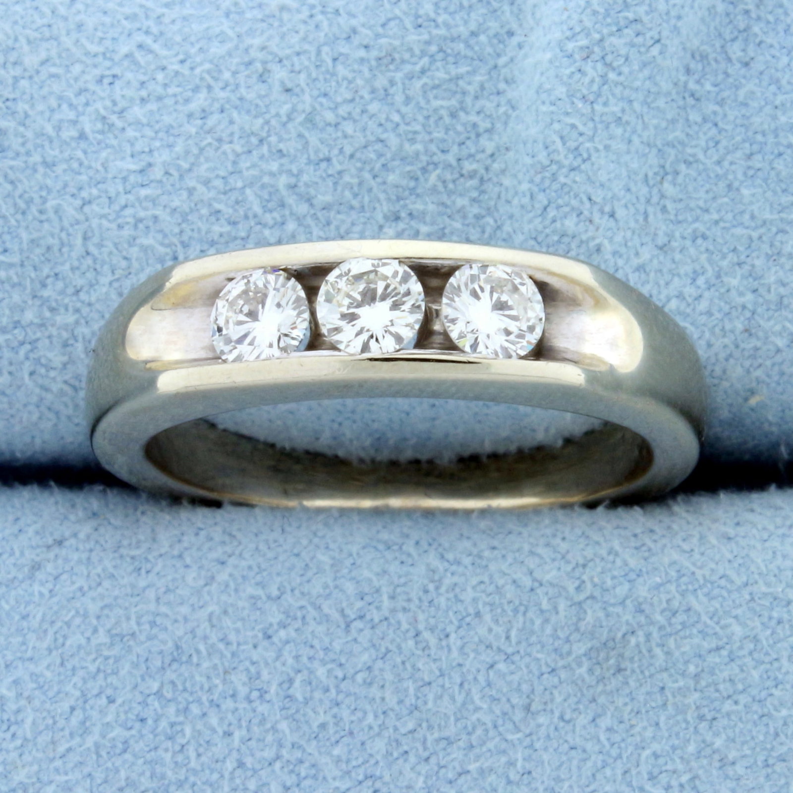 Mens Diamond Three-Stone Wedding or Anniversary Ring in 14K White Gold: In 14K White Gold. Contains three high quality 1/4ct Diamonds, VS clarity/H color, eye clean, great cut for added brilliance. Size 10. 7.4g