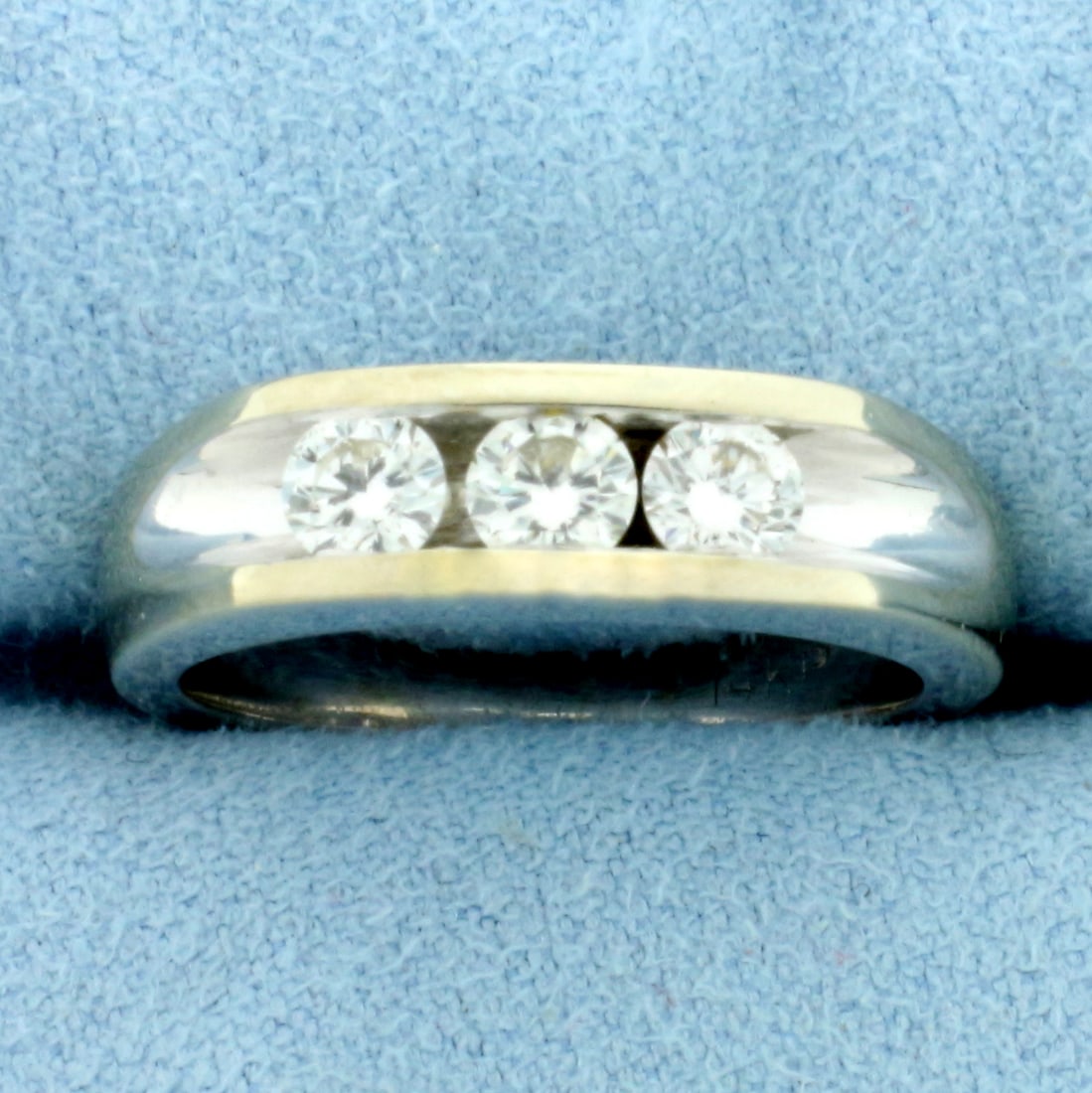 Three Stone Diamond Wedding or Anniversary Band Ring in 14k White Gold: In 14k white gold. Contains 3 round cut diamonds, 2/3ct TW, VS clarity/G color, great cut for lots of sparkle. 5.5mm wide on top and tapers to 3mm on the back. Size 7.25. 7.1g.