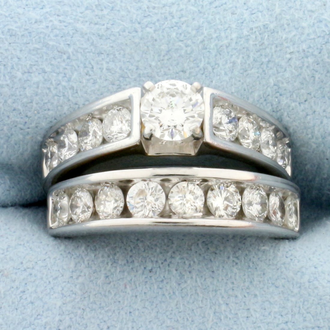Diamond Engagement Ring and Wedding Band Bridal Set in 14k White Gold: In 14k White gold. Center diamond is high quality 1/2ct round brilliant, F color/I clarity, great cut for lots of sparkle and completely eye clean. Rings also contain seventeen diamonds, 2.5ct TW, of 