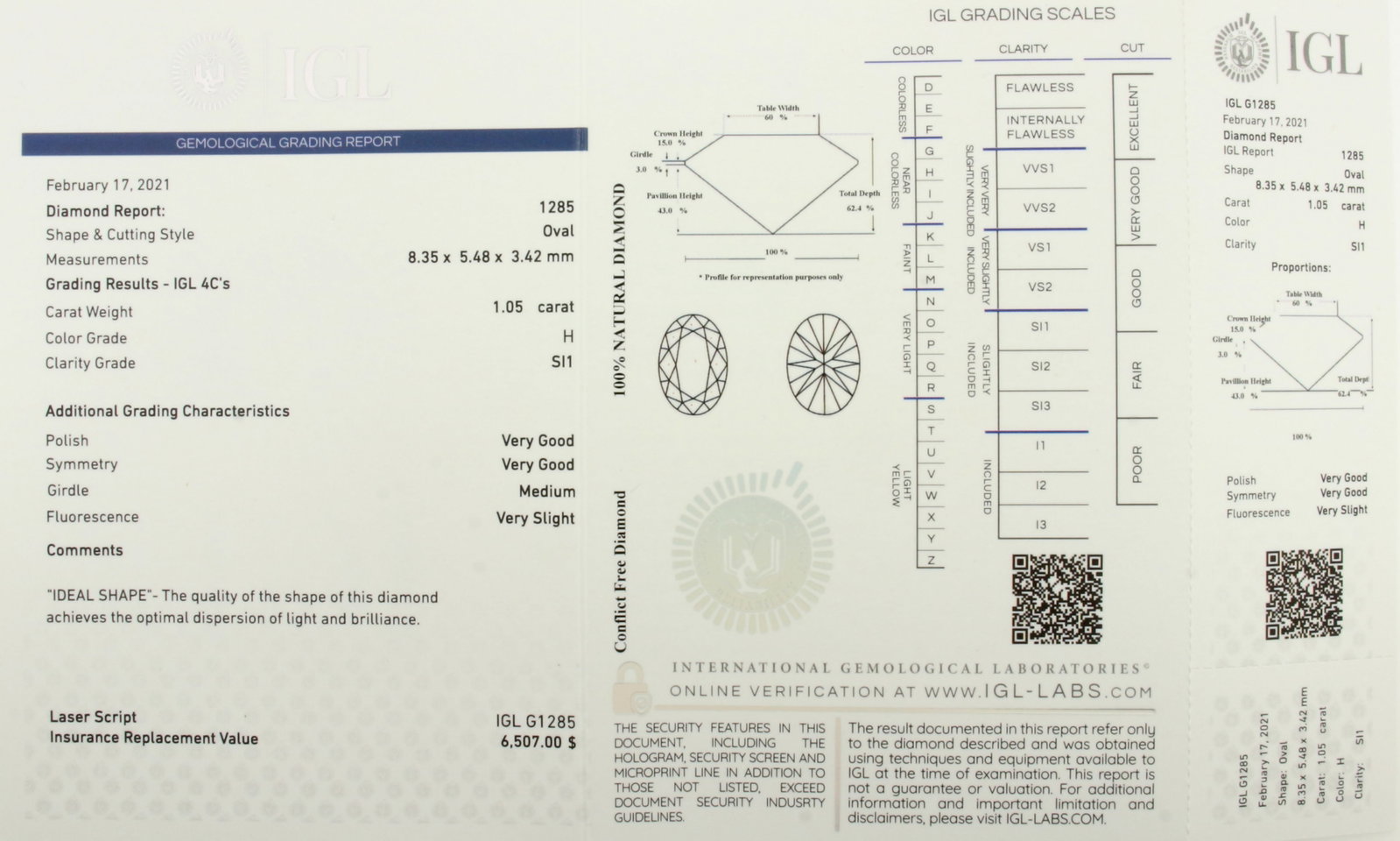 Certified Over 1ct Oval Natural Diamond: IGL Certified 1.05ct Oval Diamond, H color, SI1 clarity, Great Cut for lots of sparkle. Eye clean. $6,500 apraised value.