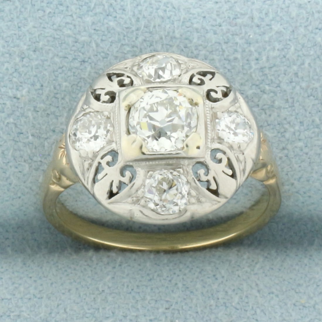 Antique Old European Cut Diamond Victorian Ring in 14k Yellow Gold: In 14k yellow gold. Contains one high quality .6ct Old European Cut diamond, VS clarity/G color. Also contains four .2ct Old European Cut diamonds of similar high quality. 14.2mm wide at top of ring. 