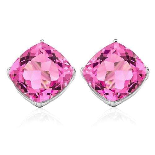 5MM Cushion Lab Pink Sapphire Earrings in Sterling Silver: In platinum over .925 sterling silver basket mountings with friction backs included. Contains 2 cushion cut lab created Pink Sapphire gemstones with excellent color and clarity, approx. 1.3CTW, 5mm ea