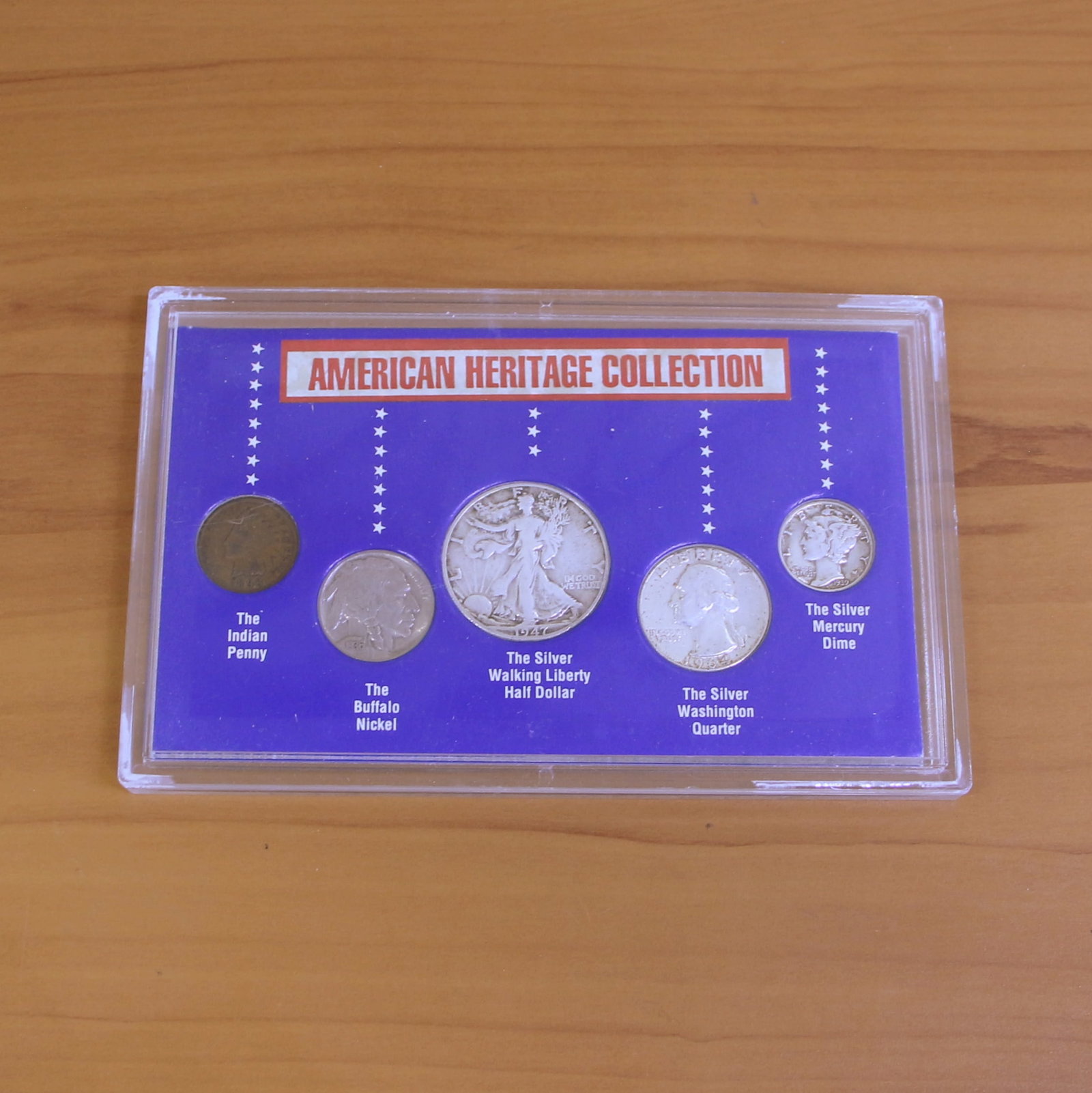 US Mint American Heritage Collection Coin Set: contains: 1899 Indian Penny, 1936 Buffalo Nickel, 1939 90% Silver Mercury Dime, 1964 90% Silver Washington Quarter, and 1947 90% Silver Walking Liberty Half Dollar. Set in packaging and contains certi
