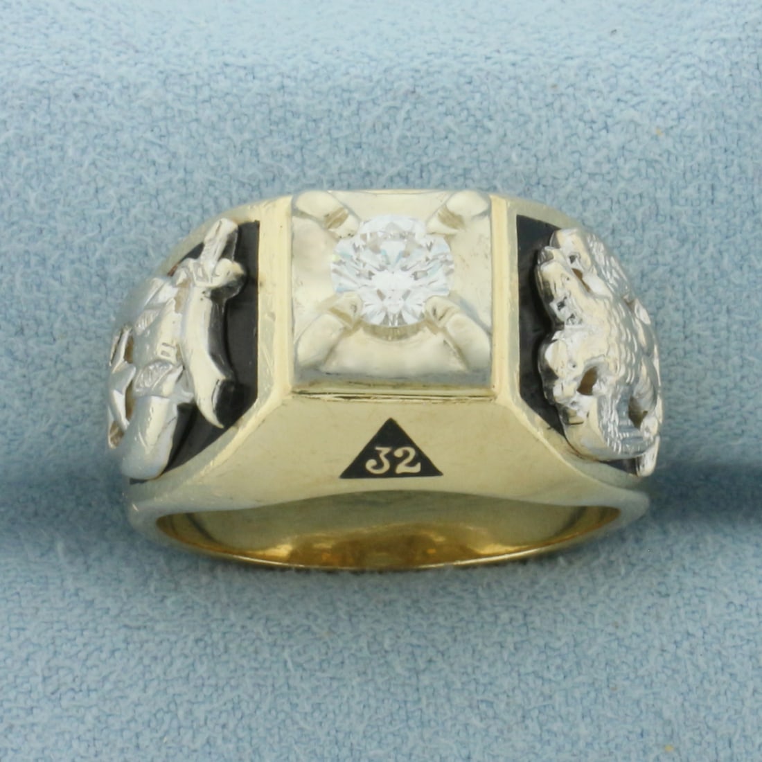 Masonic Scottish Rite Diamond Ring in 14k Yellow Gold: In 14k Yellow Gold. Contains one .4ct high quality diamond, SI clarity/G color. 13mm wide at top of ring. Size 9.5. 14.8g.