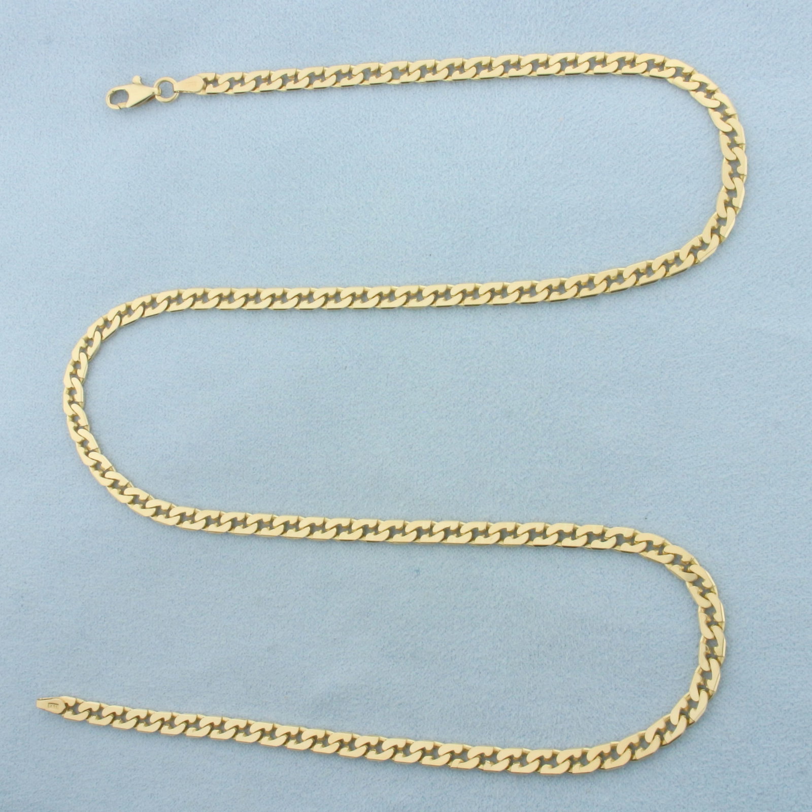 21 Inch Italian Fancy Curb Link Chain Necklace in 14k Yellow Gold: In 14k Yellow Gold. 21 inches long. 4.2mm wide. Italian made. Unique fancy curb link. Lobster clasp. 21.5g.