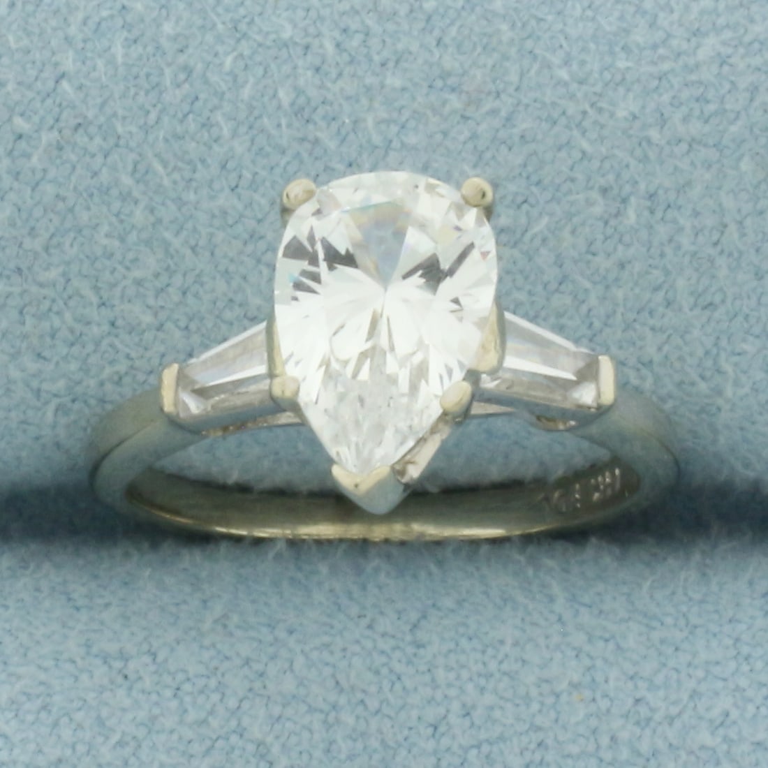 Pear and Baguette White Sapphire Three Stone Ring in 14k White Gold (1 of 4)