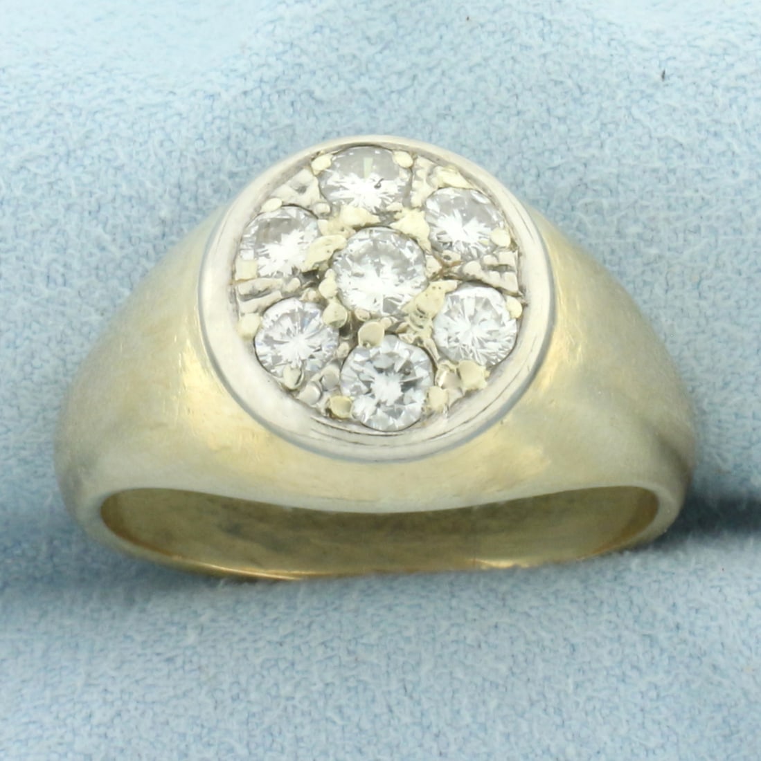 Mens Pave Diamond Ring in 14k Yellow Gold: In 14k yellow gold. Contains one 1/5ct and six 1/8ct high quality diamonds, SI clarity/G color. 1ct TW. 13.7mm wide at center. Size: 11.5. 9.2g.
