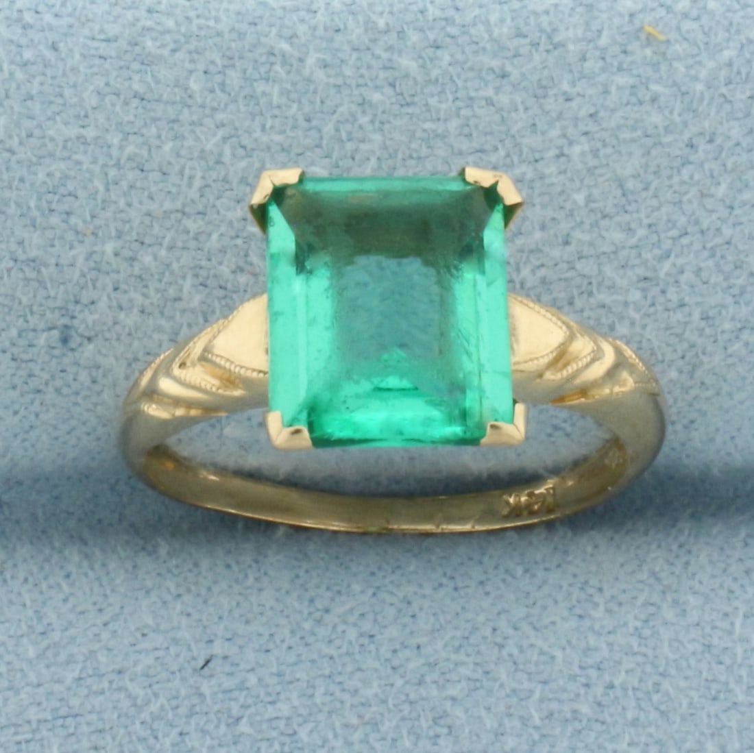 Vintage Mint Green Prasiolite Ring in 14k Yellow Gold: In 14k Yellow Gold. Contains one 3ct high quality Prasiolite gemstone with intense mint green color and excellent clarity. Some abrasion on stone, indicative of age. Size 6.75. 1.9g.