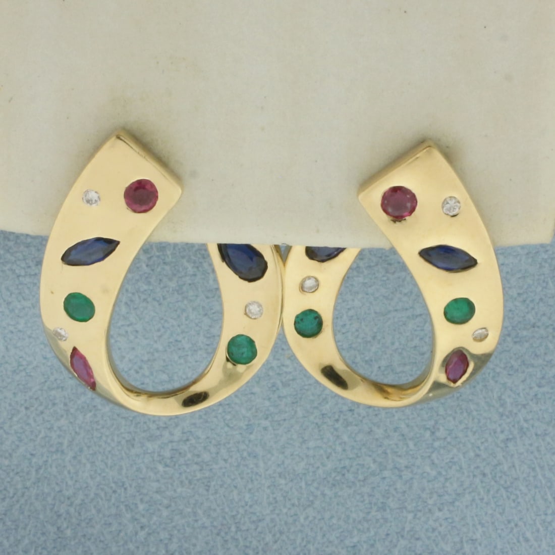 Sapphire, Ruby, Emerald, and Diamond Modern Design Earrings in 14k Yellow Gold (1 of 2)