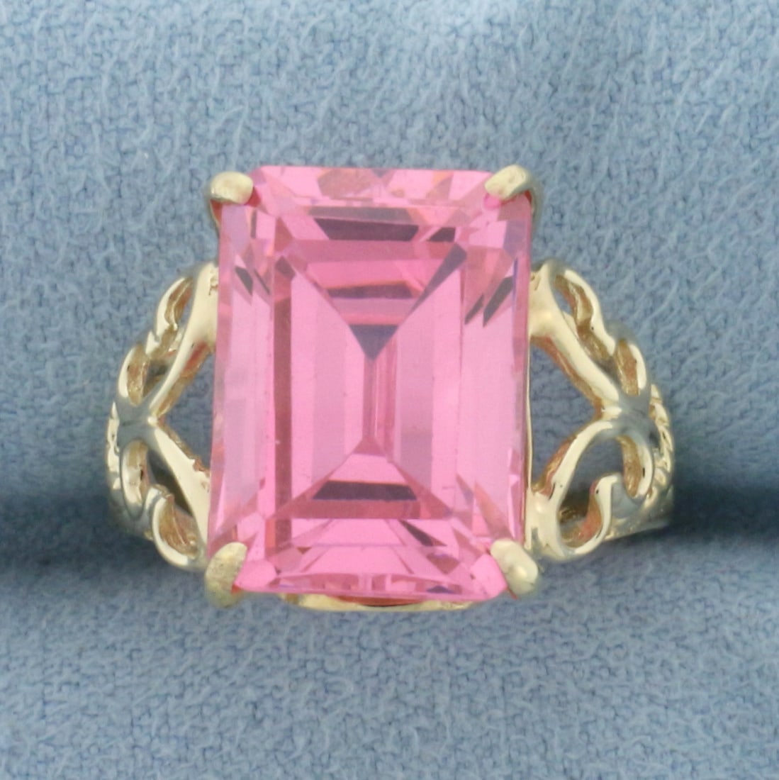 Pink Topaz Filigree Ring in 10K Yellow Gold: In 10k yellow gold. Contains one 14mm high quality natura Pink Topaz gemstone, approximately 6cts, with vibrant color and excellent clarity. Size 7. 6.1g.