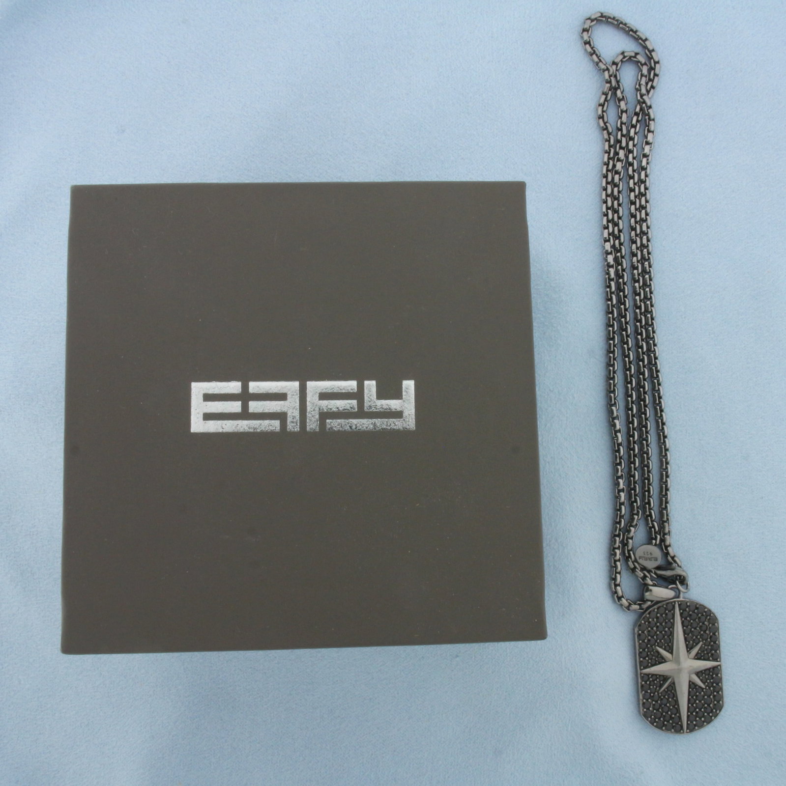Effy Mens Black Spinel Dog Tag Star Necklace in Sterling Silver: In .925 Sterling Silver. 1.5 inches long (including bale) by 3/4 inch wide pendant accented with high quality pave Black Spinel gemstones. 22 inches long chain. 2.5mm wide. Lobster clasp. Original box