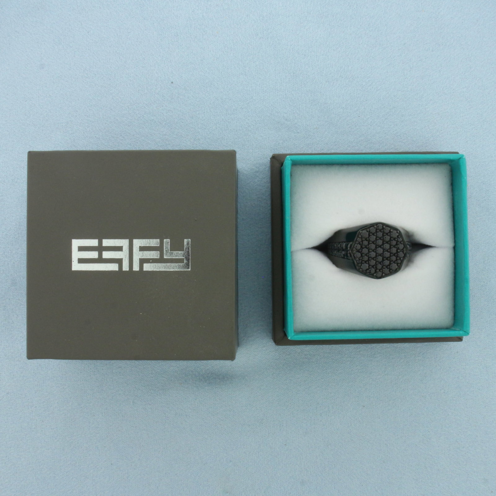 Effy Mens Spinel Signet Ring in Sterling Silver: In .925 Sterling Silver. Contains high quality pave Black Spinel gemstones. 15.8mm wide at top center. Black rhodium details. Designer marks: Effy. Original box included. Size 10.5.