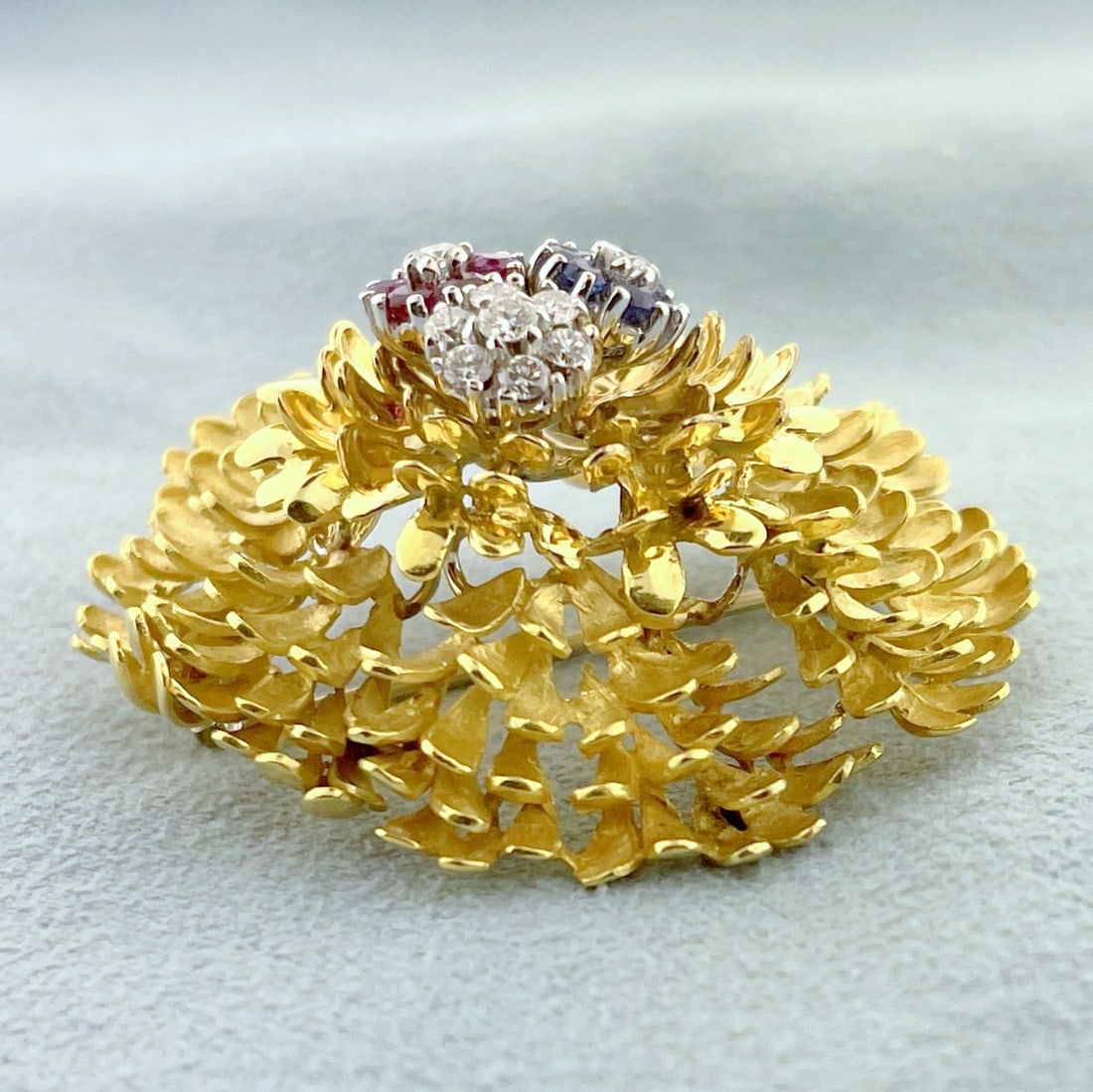 Designer Pinecone Ruby, Sapphire and Diamond Flower Brooch in 18K Yellow Gold