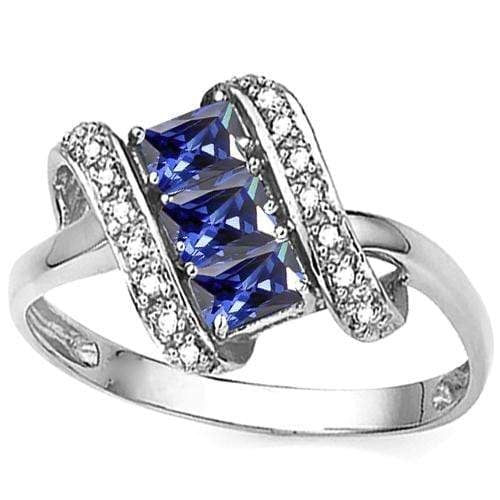 Lab Tanzanite and Diamond Scroll Ring in Sterling Silver: In platinum over .925 sterling silver. Contains 3 lab tanzanite gemstones, 2.5ctw, and 2 genuine diamonds, .01ctw. Size 7. 3.1g