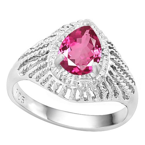 Over 1CT Pink Topaz and Diamond Filigree Ring in Sterling Silver: In platinum over .925 sterling silver. Contains one pear cut pink topaz gemstone, 1.2cts, and two genuine diamonds, .01ctw. Size 7. 3.2g