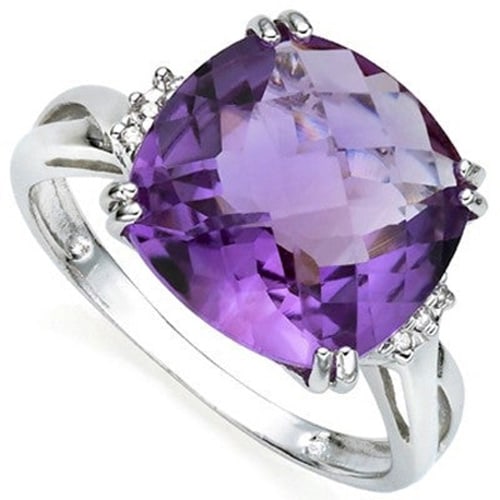 Cushion Cut Amethyst and Diamond Ring in Sterling Silver: In platinum over .925 sterling silver. Contains one cushion cut amethyst gemstone, 3.8cts, excellent color and clarity, accented with 2 genuine diamonds, .01ctw. Size 7. 3.1g