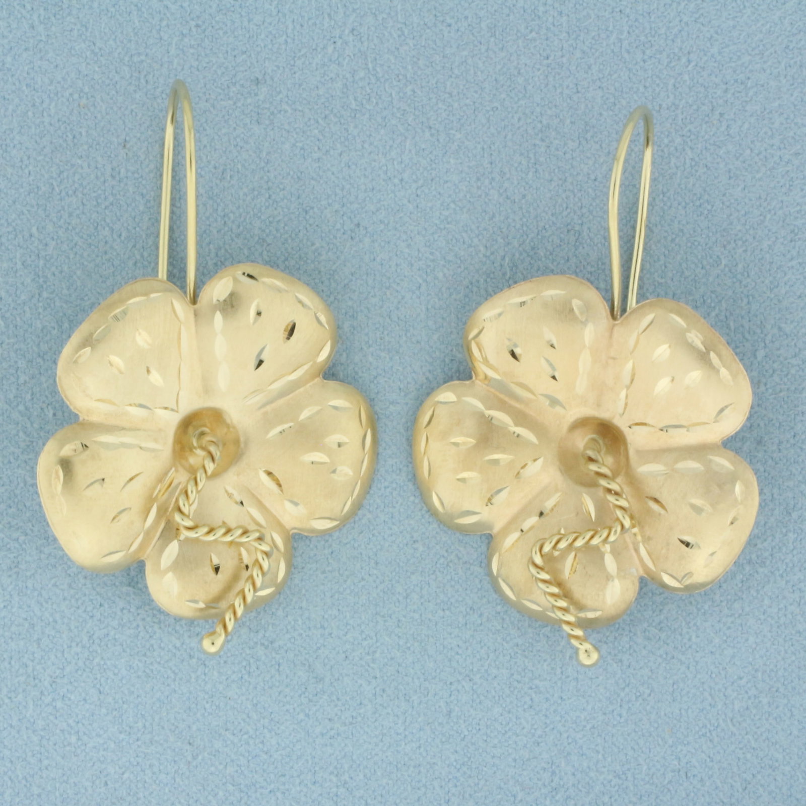 Diamond Cut Hibiscus Flower Drop Earrings in 14k Yellow Gold