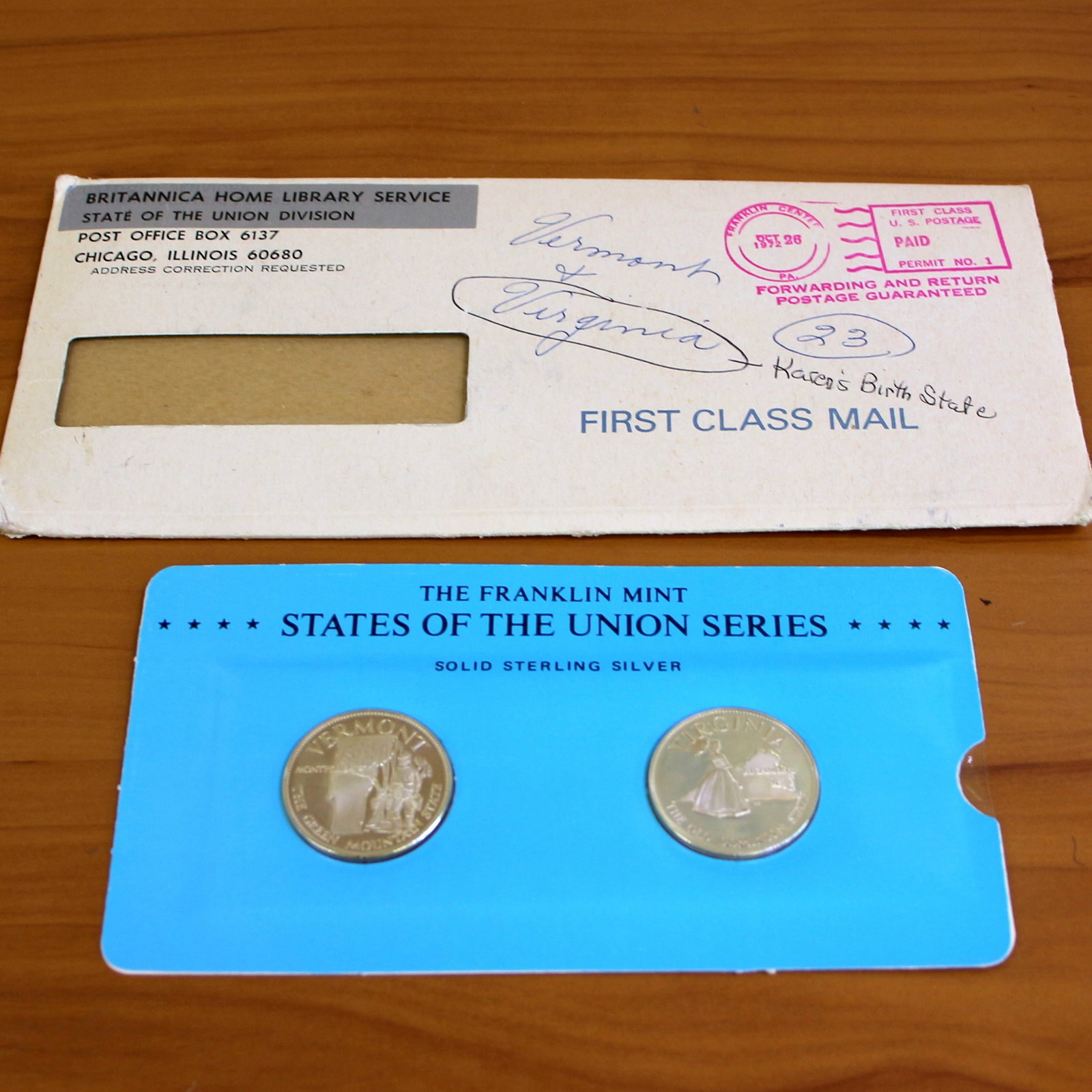Franklin Min States of the Union Sterling Silver Coins Virginia and Vermont Original Packaging