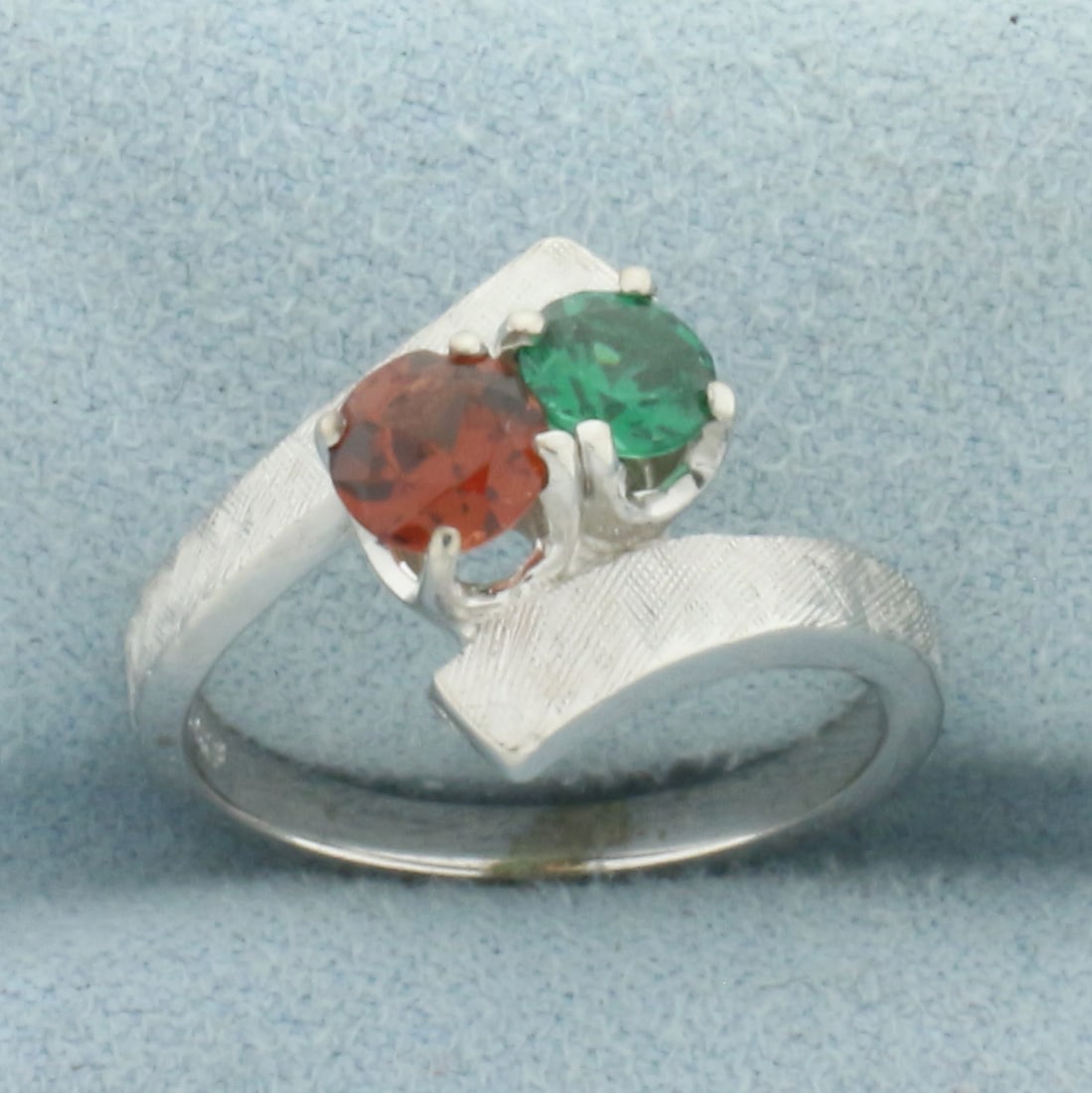 Green and Red Garnet Toi et Moi Ring in 14k White Gold