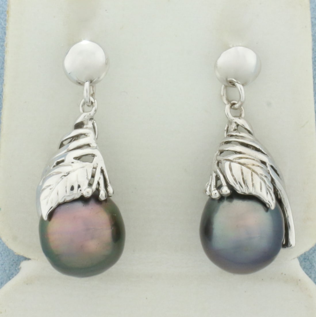 Tahitian Silver and Black Pearl Dangle Earrings in 14k White Gold