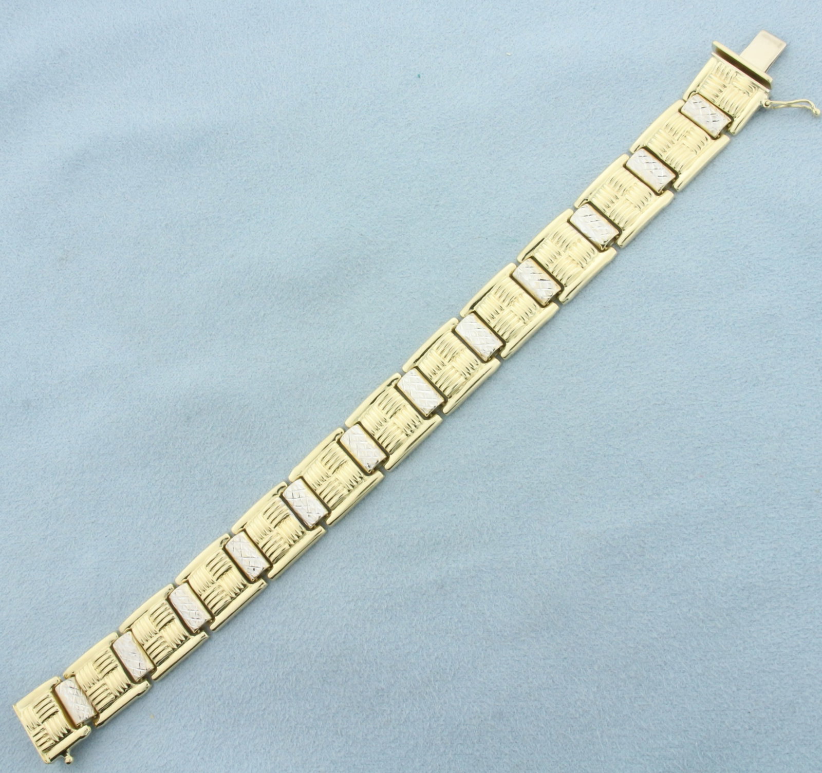 Diamond Cut Two Tone Basketweave Bracelet in 14k Yellow and White Gold