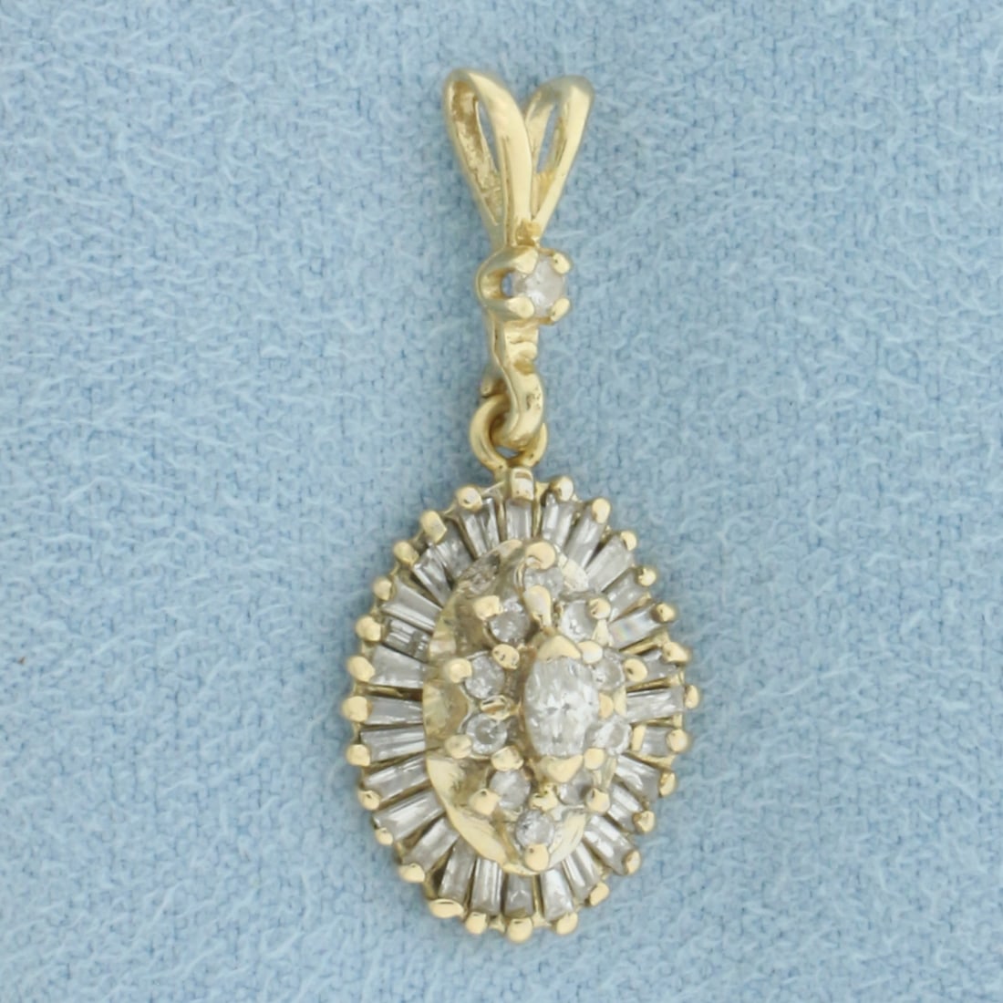 Baguette and Round Diamond Dangle Pendant in 14k Yellow Gold