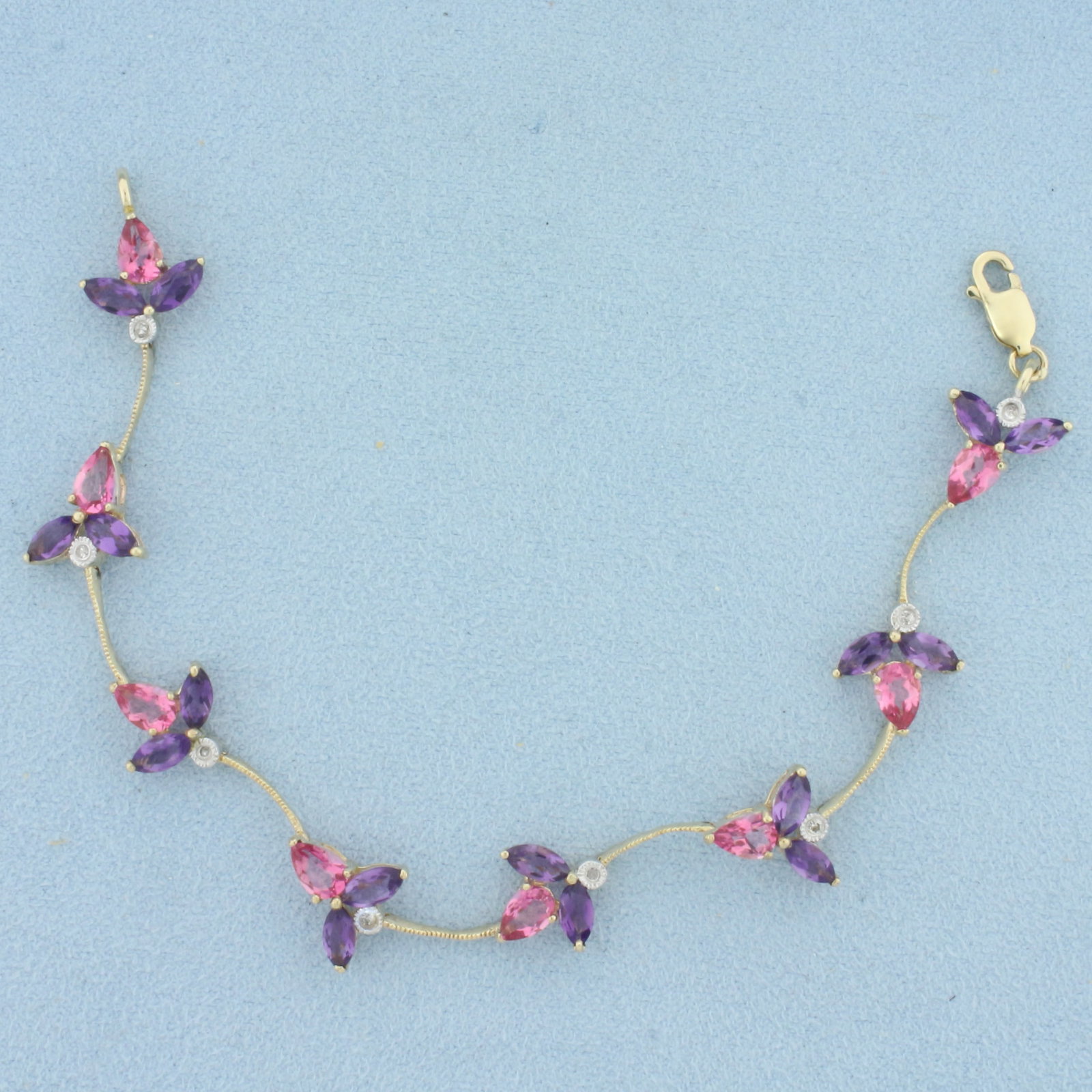 Amethyst, Pink Topaz, and Diamond Bracelet in 14K Yellow Gold