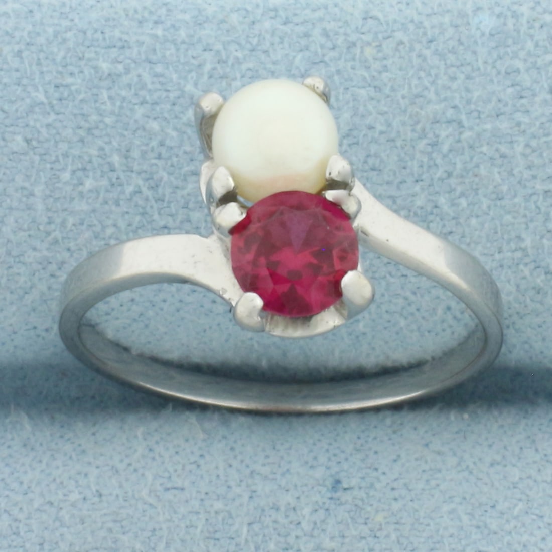Pink Sapphire and Pearl Toi et Moi Ring in 10k White Gold
