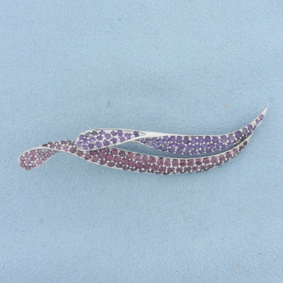 Morganite and Amethyst Pave Feather Leaf Brooch Pin in 10K White Gold