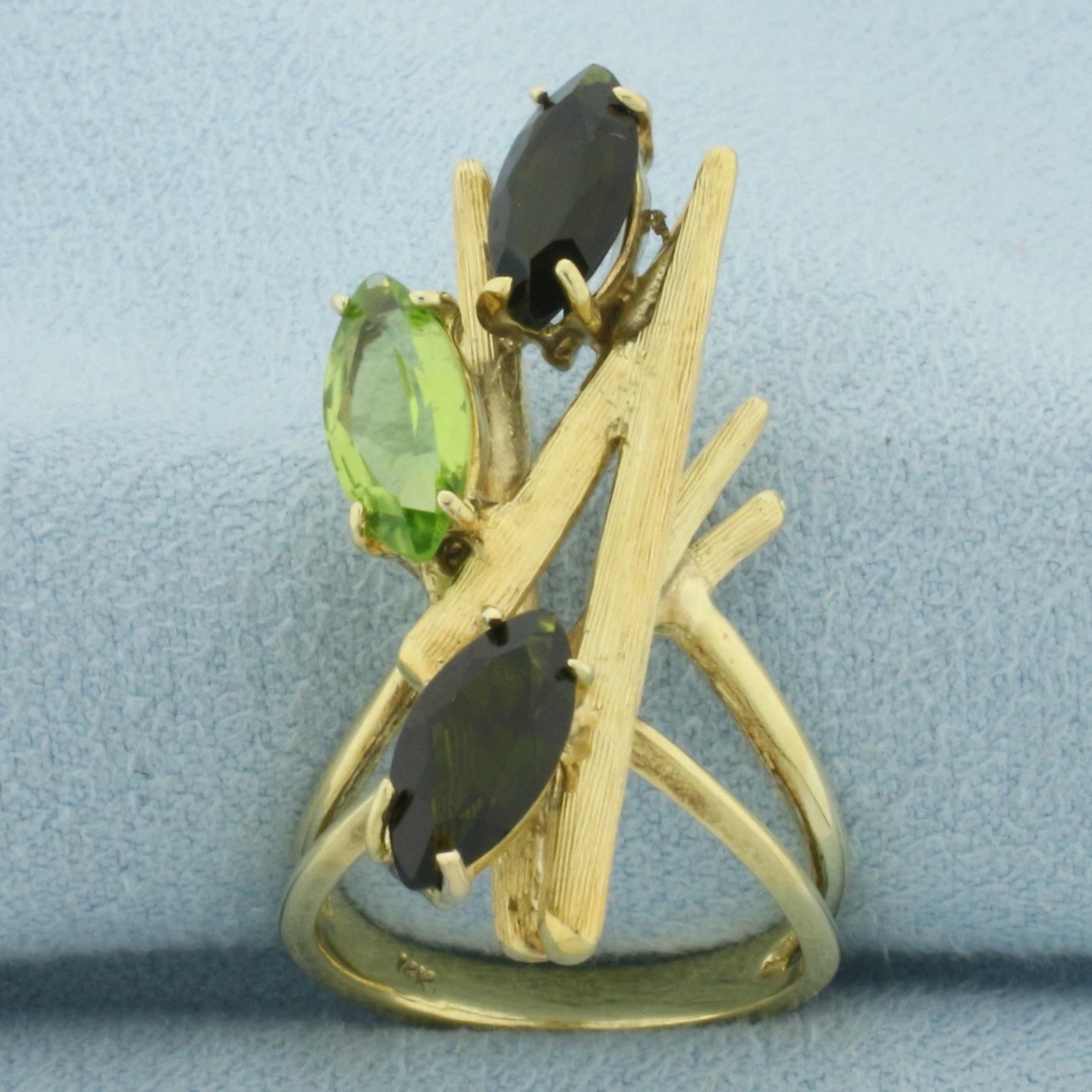 Modern Design Abstract Tourmaline and Peridot Ring in 14K Yellow Gold