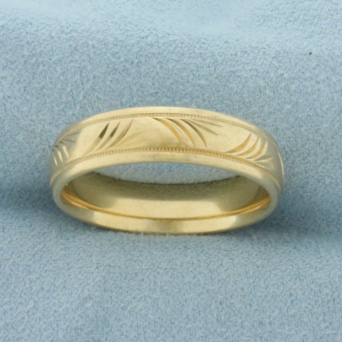 Mens Beaded Edge Milgrain Etched Wedding Band Ring in 14k Yellow Gold